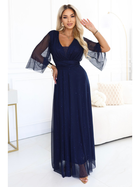 numoco Duge sjajne haljine plus size s izrezom i prozirnim rukavom - tamno plava