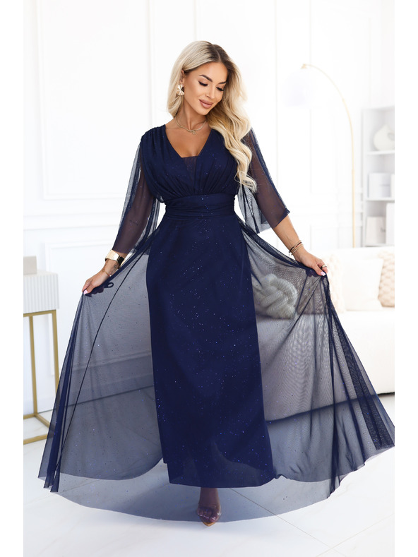 numoco Duge sjajne haljine plus size s izrezom i prozirnim rukavom - tamno plava