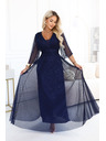 numoco Duge sjajne haljine plus size s izrezom i prozirnim rukavom - tamno plava