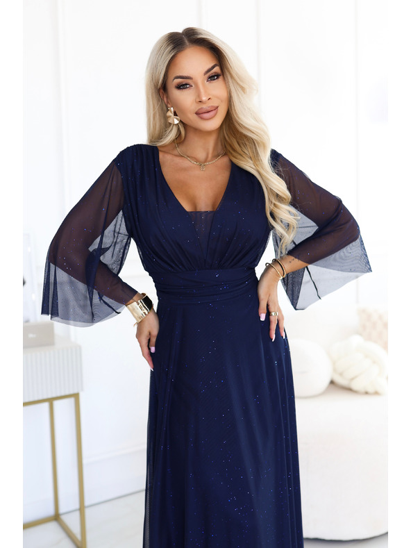 numoco Duge sjajne haljine plus size s izrezom i prozirnim rukavom - tamno plava