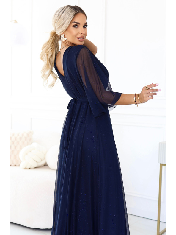 numoco Duge sjajne haljine plus size s izrezom i prozirnim rukavom - tamno plava