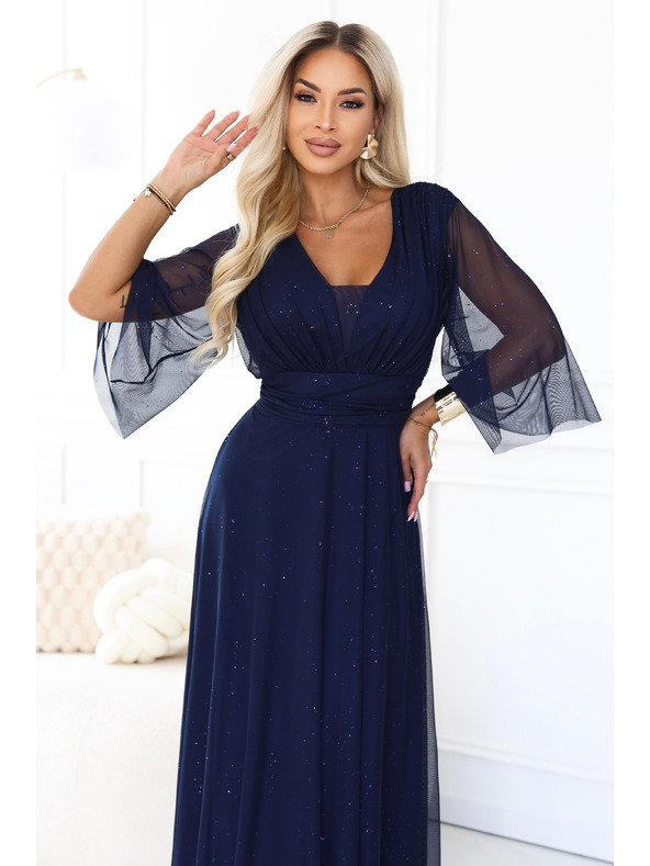 numoco Duge sjajne haljine plus size s izrezom i prozirnim rukavom - tamno plava