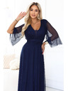 numoco Duge sjajne haljine plus size s izrezom i prozirnim rukavom - tamno plava
