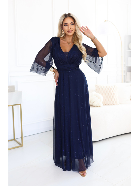 numoco Duge sjajne haljine plus size s izrezom i prozirnim rukavom - tamno plava