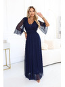 numoco Duge sjajne haljine plus size s izrezom i prozirnim rukavom - tamno plava