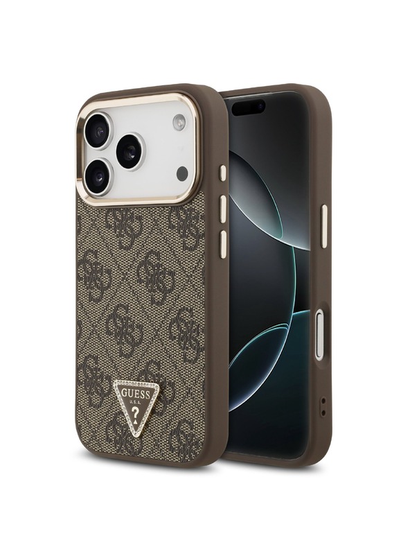 Guess Guess PU Leather 4G Strass Triangle Logo Gold Frame MagSafe Stražnji Štitnik za iPhone 18 Pro Smeđa