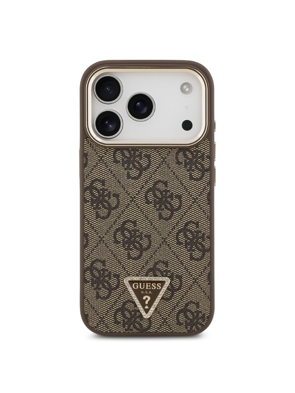 Guess Guess PU Leather 4G Strass Triangle Logo Gold Frame MagSafe Stražnji Štitnik za iPhone 18 Pro Smeđa