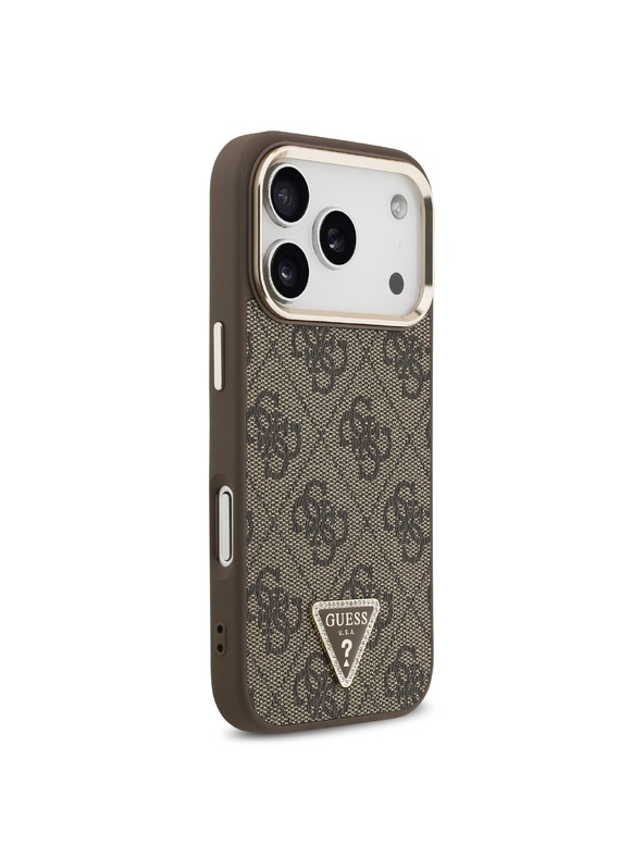 Guess Guess PU Leather 4G Strass Triangle Logo Gold Frame MagSafe Stražnji Štitnik za iPhone 18 Pro Smeđa
