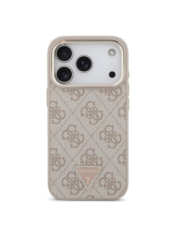 Guess Guess PU Leather 4G Strass Triangle Logo Gold Frame MagSafe Stražnji Štitnik za iPhone 18 Pro Ružičasta