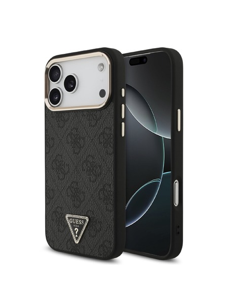 Guess Guess PU Leather 4G Strass Triangle Logo Gold Frame MagSafe Stražnji Štitnik za iPhone 18 Pro Max Crna