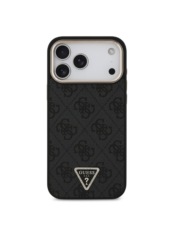 Guess Guess PU Leather 4G Strass Triangle Logo Gold Frame MagSafe Stražnji Štitnik za iPhone 18 Pro Max Crna
