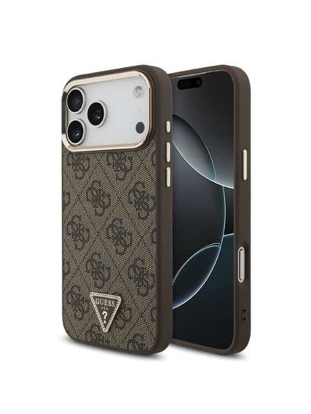Guess Guess PU Leather 4G Strass Triangle Logo Gold Frame MagSafe Stražnji Štitnik za iPhone 18 Pro Max Smeđa