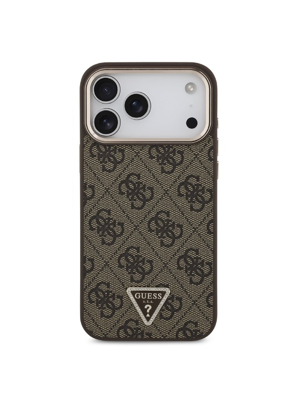 Guess Guess PU Leather 4G Strass Triangle Logo Gold Frame MagSafe Stražnji Štitnik za iPhone 18 Pro Max Smeđa