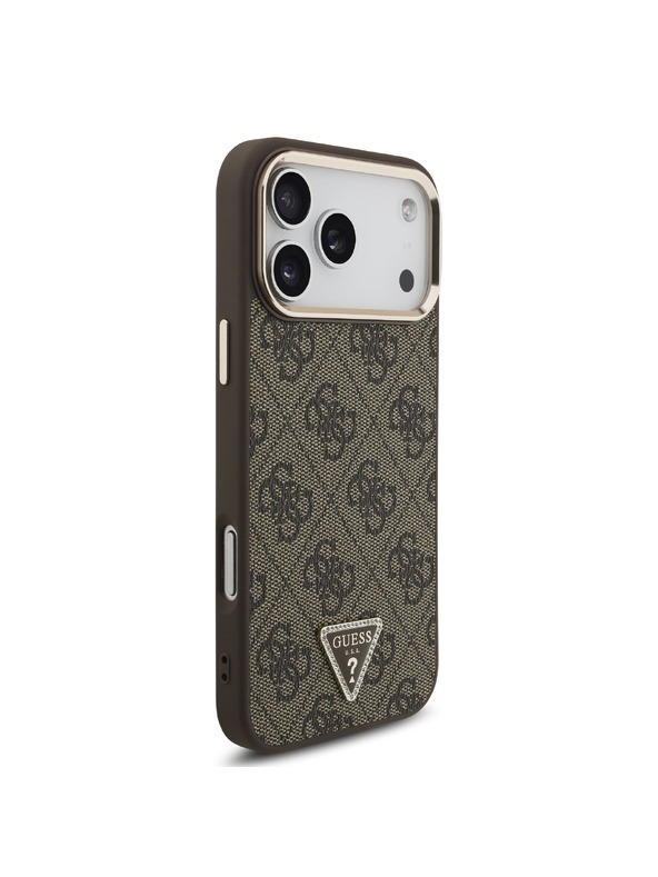 Guess Guess PU Leather 4G Strass Triangle Logo Gold Frame MagSafe Stražnji Štitnik za iPhone 18 Pro Max Smeđa