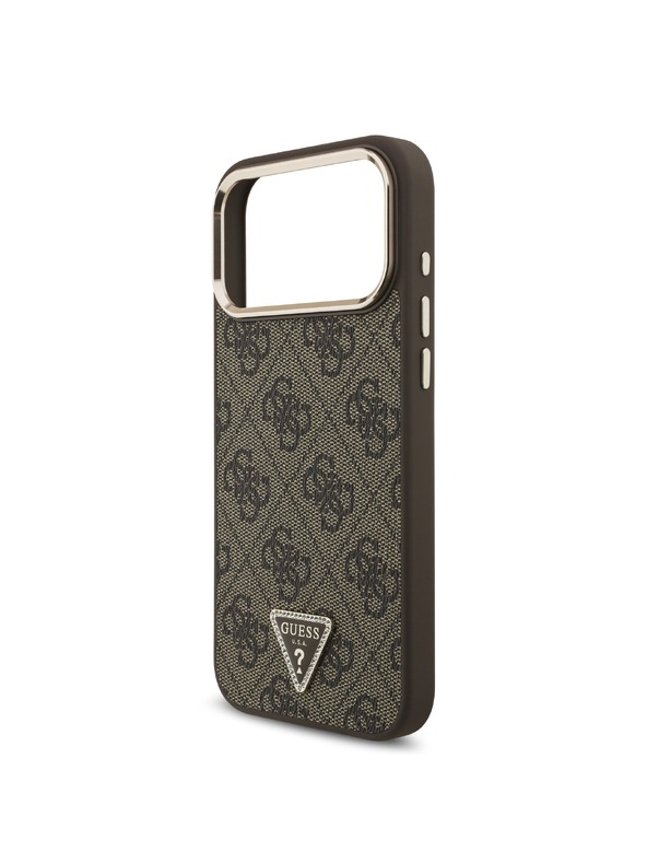 Guess Guess PU Leather 4G Strass Triangle Logo Gold Frame MagSafe Stražnji Štitnik za iPhone 18 Pro Max Smeđa