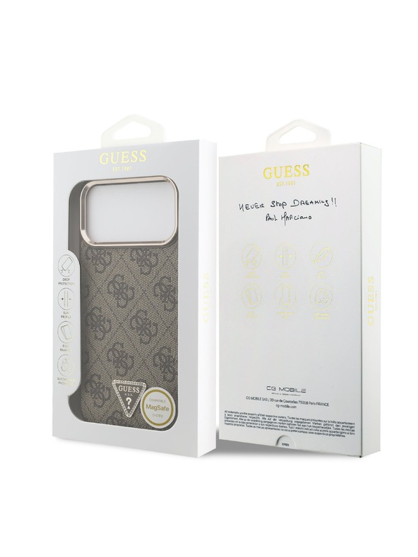 Guess Guess PU Leather 4G Strass Triangle Logo Gold Frame MagSafe Stražnji Štitnik za iPhone 18 Pro Max Smeđa