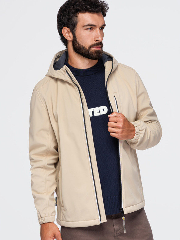 Ombre Clothing Muška jakna SOFTSHELL s fleece podstavom i kapuljačom – pješčana V4 OM-JANP-0292 Ombre Clothing