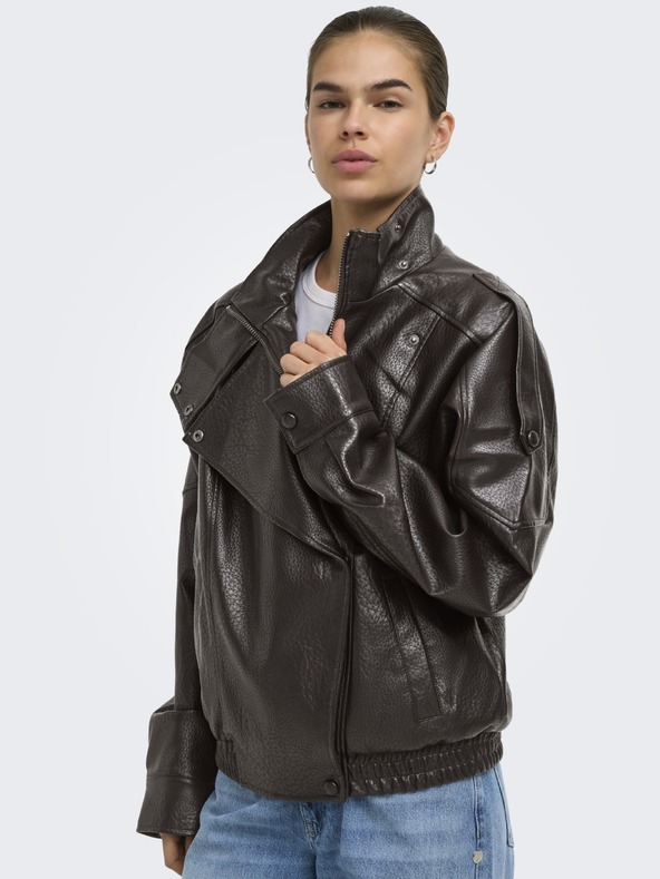 Jacqueline de Yong Tamno smeđa kožna bomber jakna RAYE